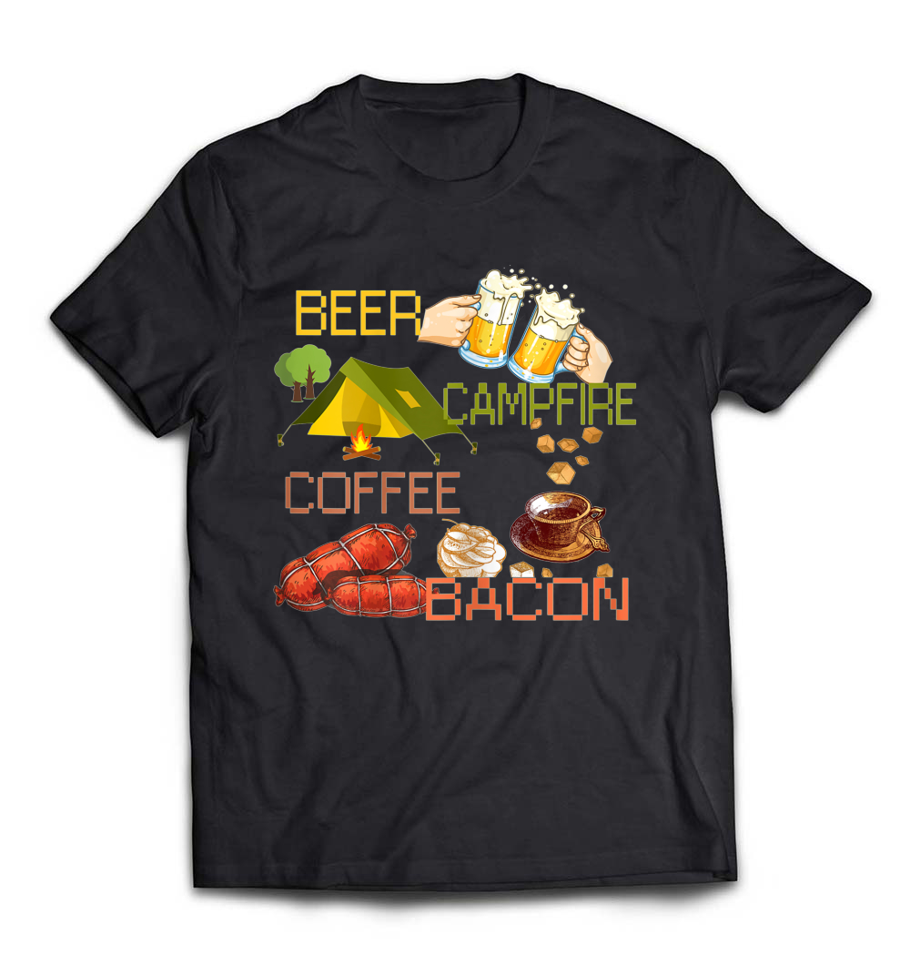 “Beer, Campfire, Coffee, Bacon” Funny Camping T-Shirt – A Perfect Tee for Outdoor Enthusiasts